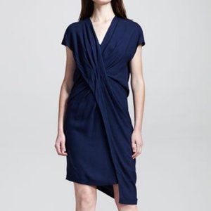 HELMUT Helmut Lang Angled Pintuck-Front Dress blue wool blend size 6 wrap draped